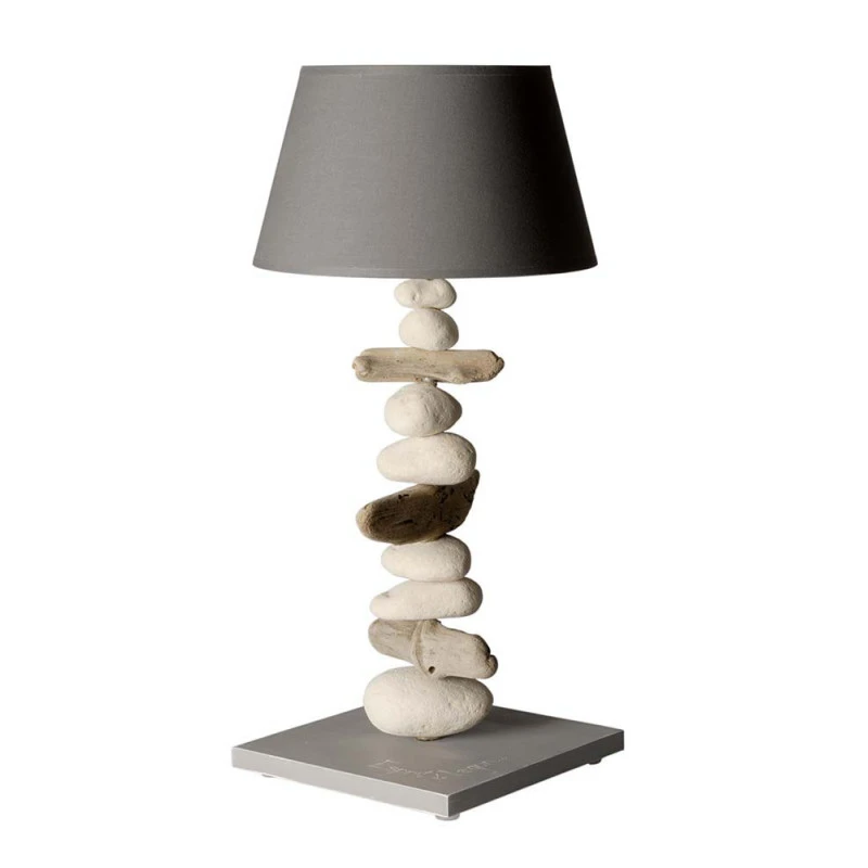 Grande lampe à poser en bois flotté grise