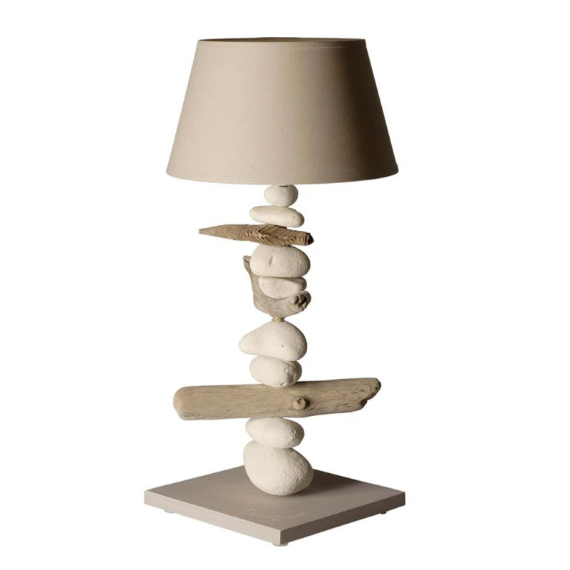 Grande lampe bois flotté et galets abat-jour taupe