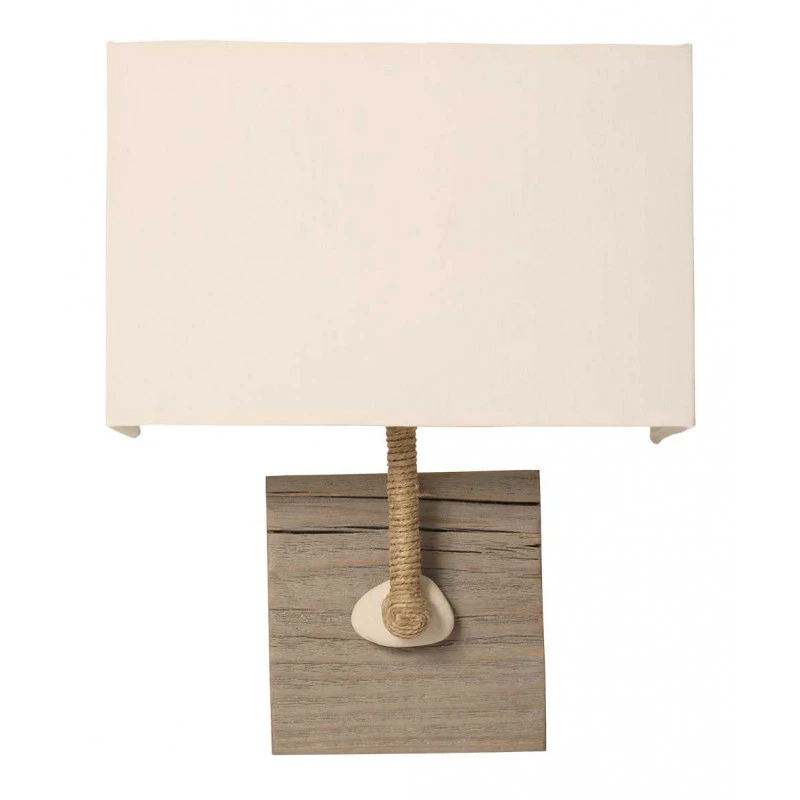 Applique murale bois vieilli et galet abat jour blanc
