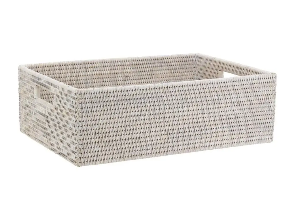 Corbeille de rangement en rotin patiné blanc