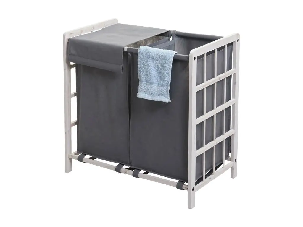 Bac à linge HWC-B60, Boîte à linge panier à linge, bois massif 60x60x33cm 68l ~ blanc miteux, couvercle gris