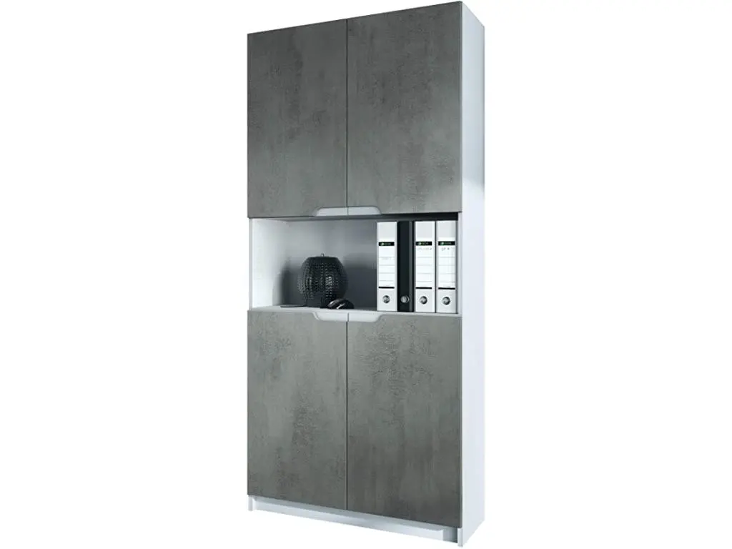 Armoire de rangement avec 5 compartiments et 4 portes, blanc mat/aspect béton foncé (82 x 184 x 37 cm)