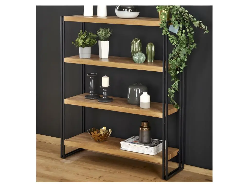 Bibliothèque 100x120 cm style chêne doré et acier noir Aqua