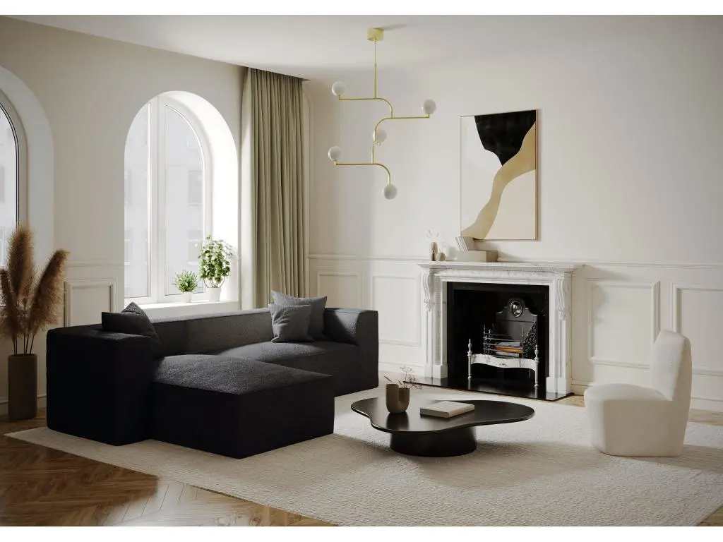 Canapé d'angle gauche tissu bouclette noir