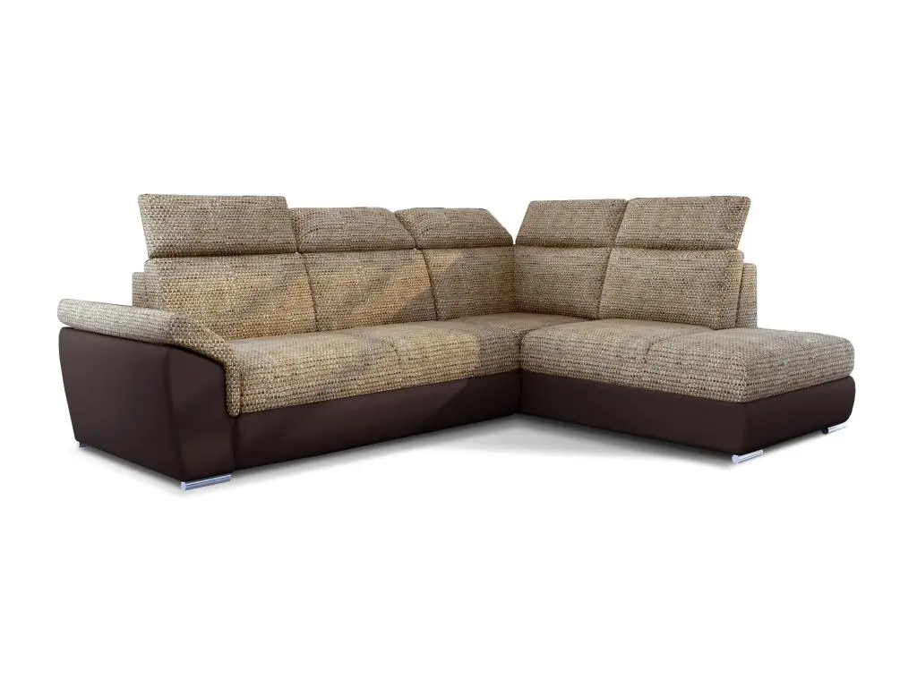 Canapé angle droit convertible tissu beige chiné et simili marron avec appuis-tête réglables Kepita 260cm