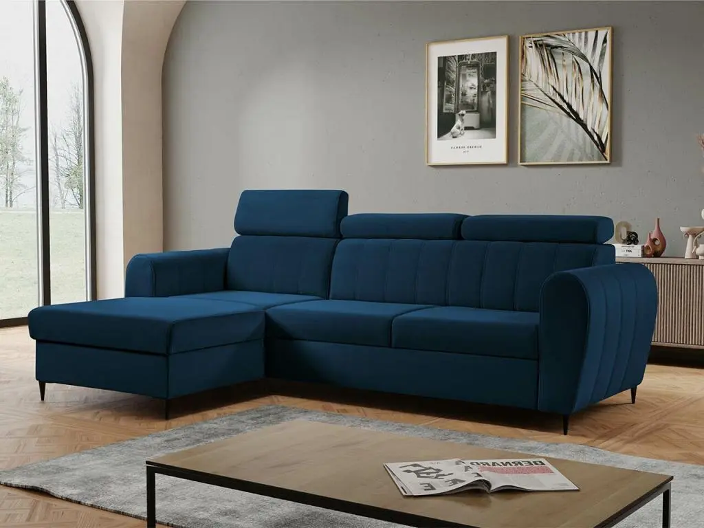 Canapé d'angle Temple 126, Bleu, Fonction de couchage, Boîte de literie, 262x175x90cm