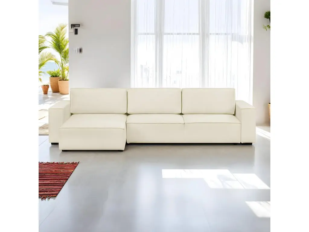 Canapé d'angle modulable réversible 5 places en tissu bouclé écru - Harper Mod