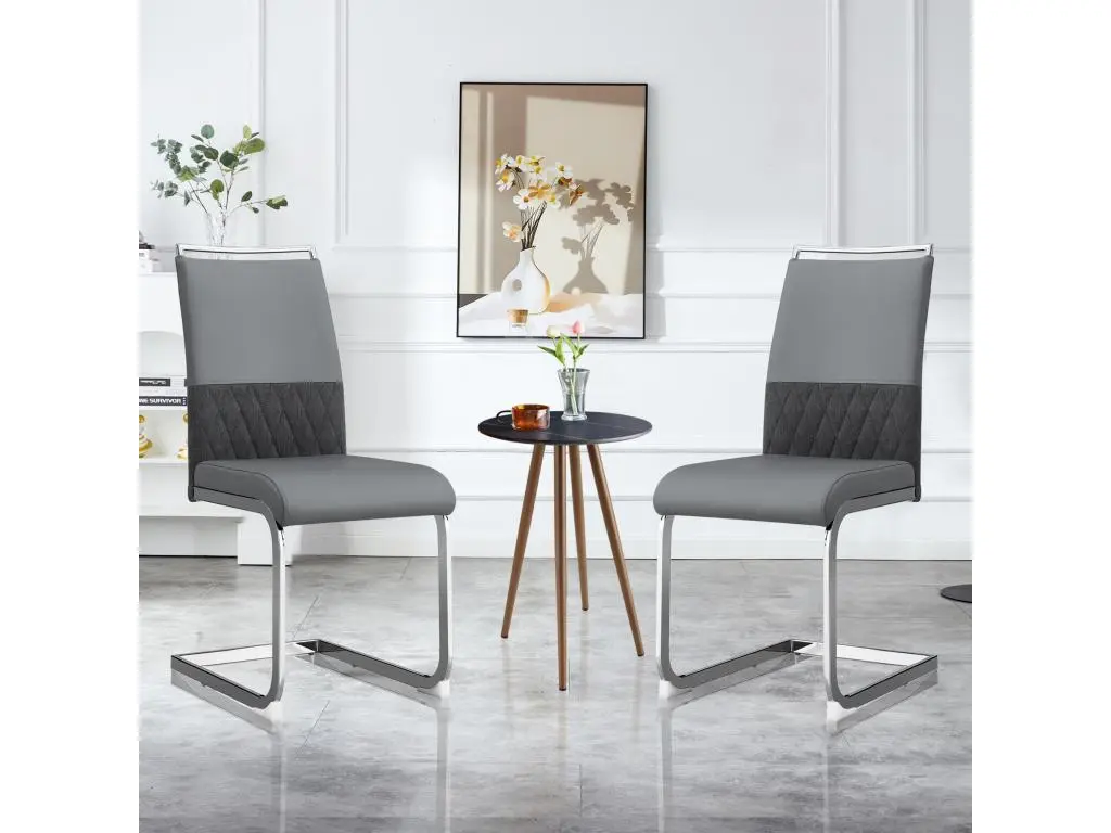 2 chaises de salle à manger modernes, dossier en similicuir et lin, gris