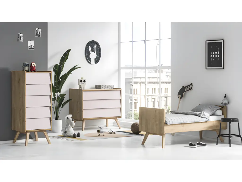 Chambre complète lit bébé évolutif - commode à langer - chiffonnier Vintage Bois Rose