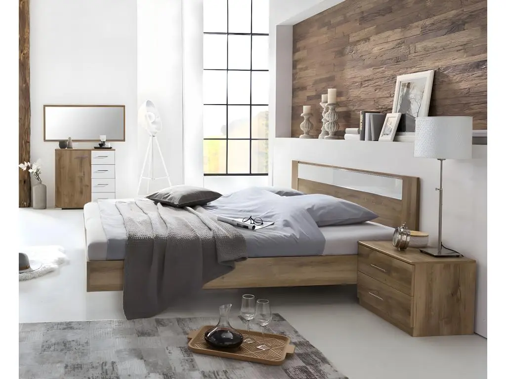 Chambre à coucher en panneaux de particules imitation chêne poutre/blanc/chrome - Dim: 180 x 200 cm
