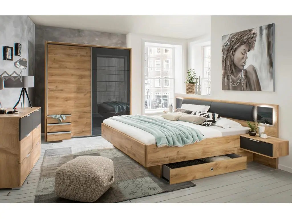 Chambre à coucher complète adulte (lit 180x200 cm King Size + 2 chevets + armoire + commode)