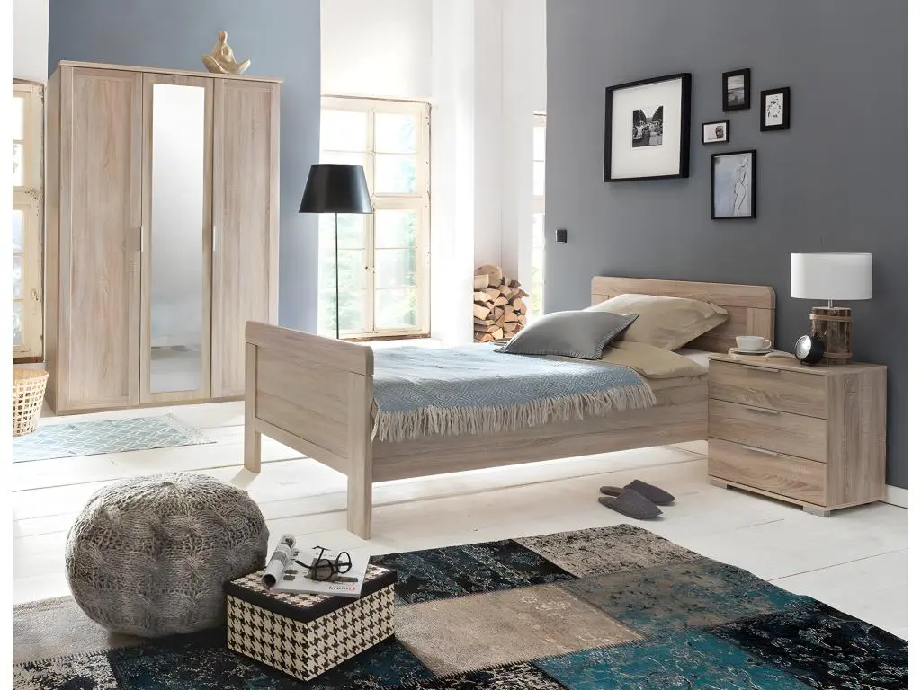 Chambre à coucher complète enfant (lit 90x200cm + chevet + armoire) coloris imitation chêne