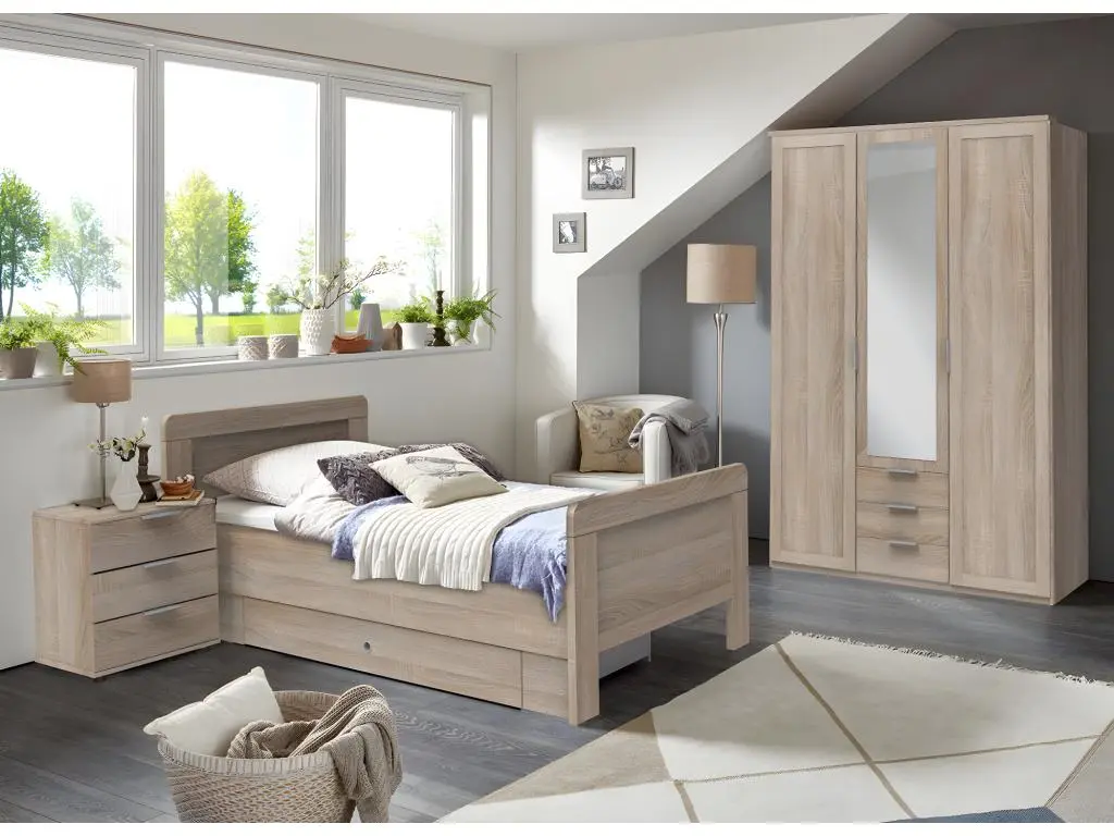 Chambre à coucher complète enfant (lit 90x200cm+ tiroir + chevet + armoire) coloris imitation chêne