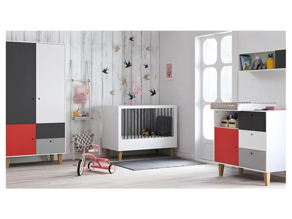 Chambre complète lit bébé - commode à langer - armoire Concept Rouge