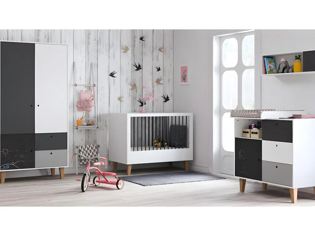 Chambre complète lit bébé évolutif - commode à langer - armoire Concept Noir