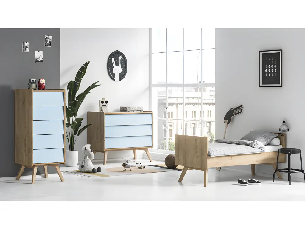 Chambre complète lit bébé évolutif - commode à langer - chiffonnier Vintage Bois Bleu