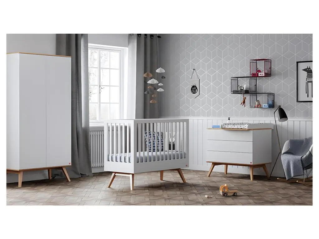 Chambre complète lit bébé - commode à langer - armoire Nature Blanc
