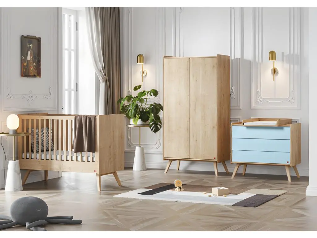 Chambre complète lit bébé - commode 3 tiroirs - armoire 2 portes Vintage Bois Bleu