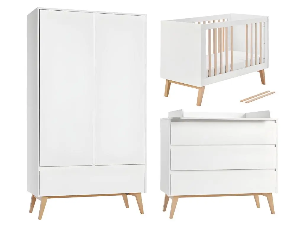 Chambre complète lit évolutif 60x120 commode à langer et armoire 2 portes Swing - Blanc et bois