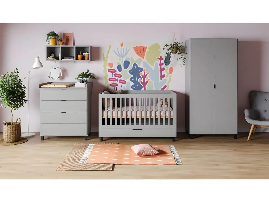 Chambre complète lit bébé évolutif - commode à langer - armoire Simple Gris