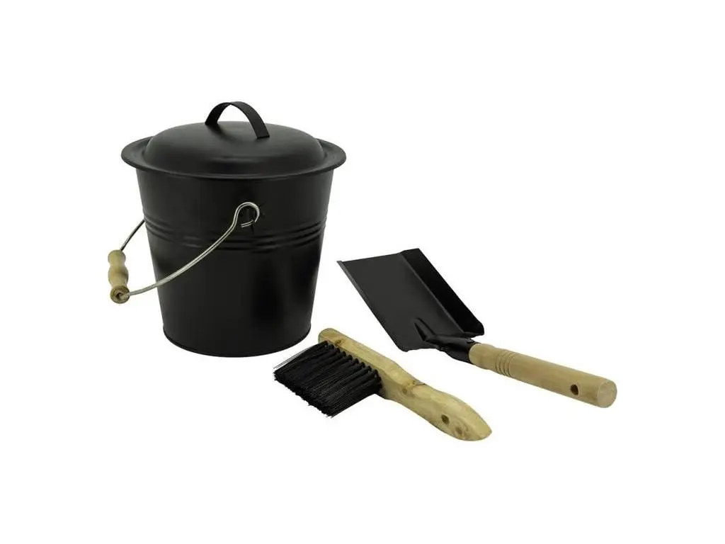 Seau à cendres + pelle + balai en zinc noir