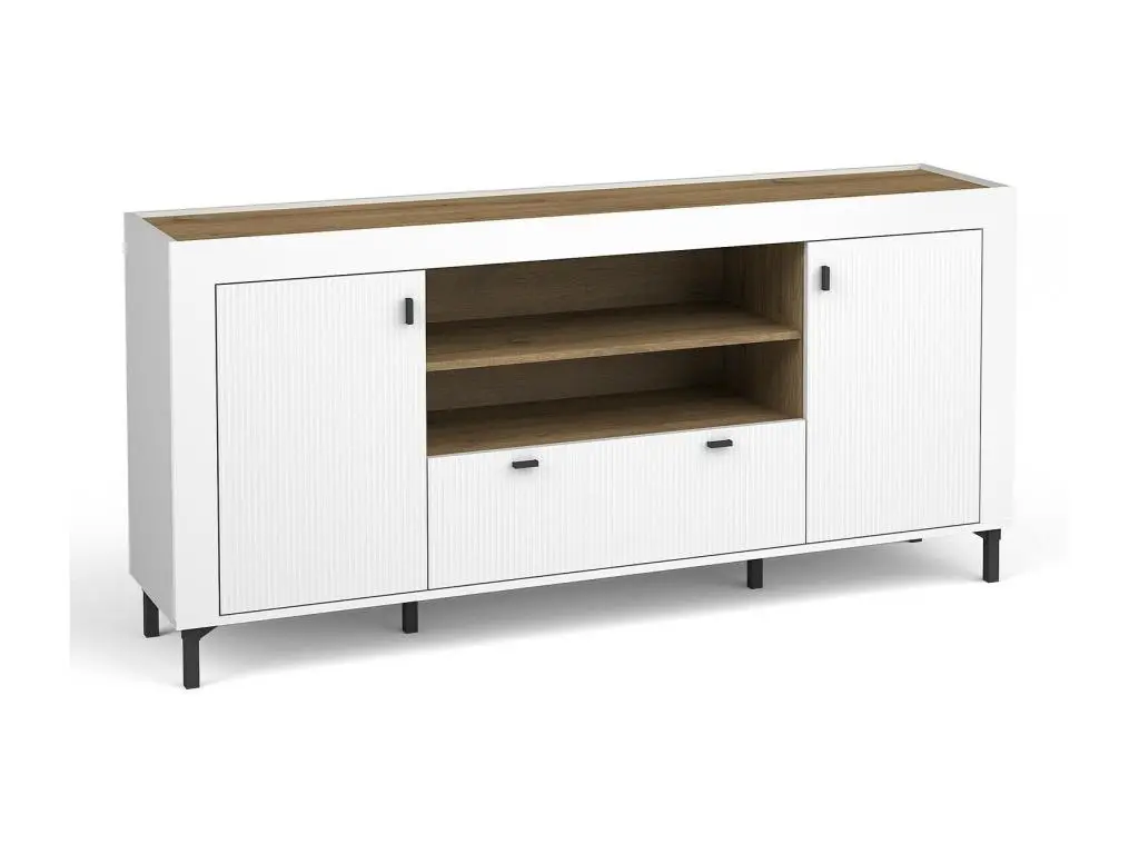 Commode Ogden S113, Noir|Mat blanc, Avec tiroirs et portes, 84x177x40cm