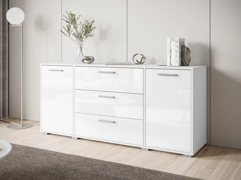 Commode Sarasota 174, Blanc brillant|Blanc, Avec tiroirs et portes, 68x150x40cm