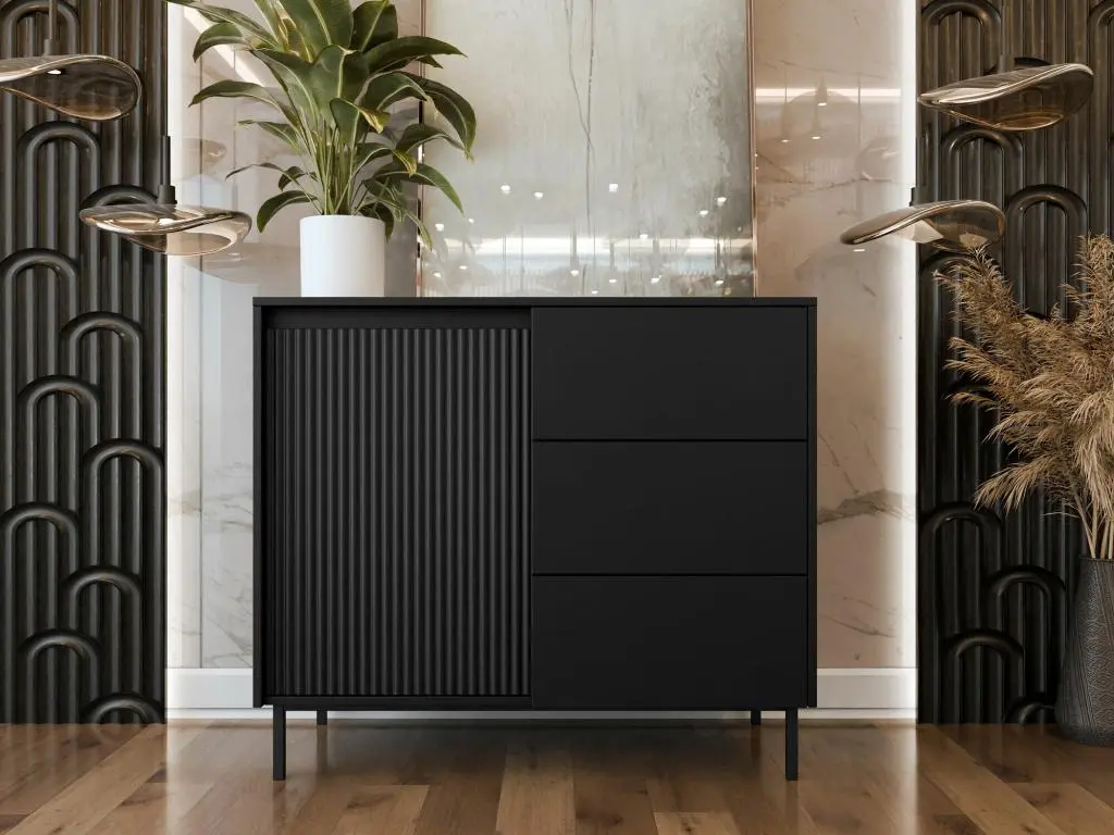 Commode Comfivo T100, Noir, Avec tiroirs et portes, 90x103x50cm