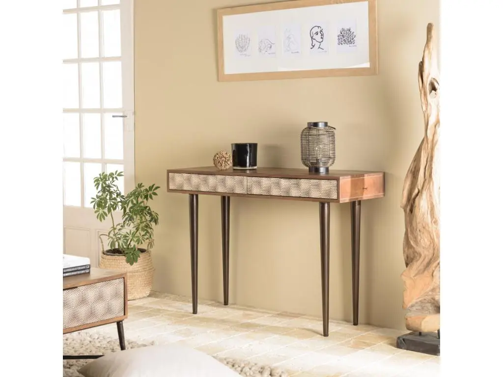 ALIX - Console en bois de manguier 2 tiroirs motifs ethniques dorés