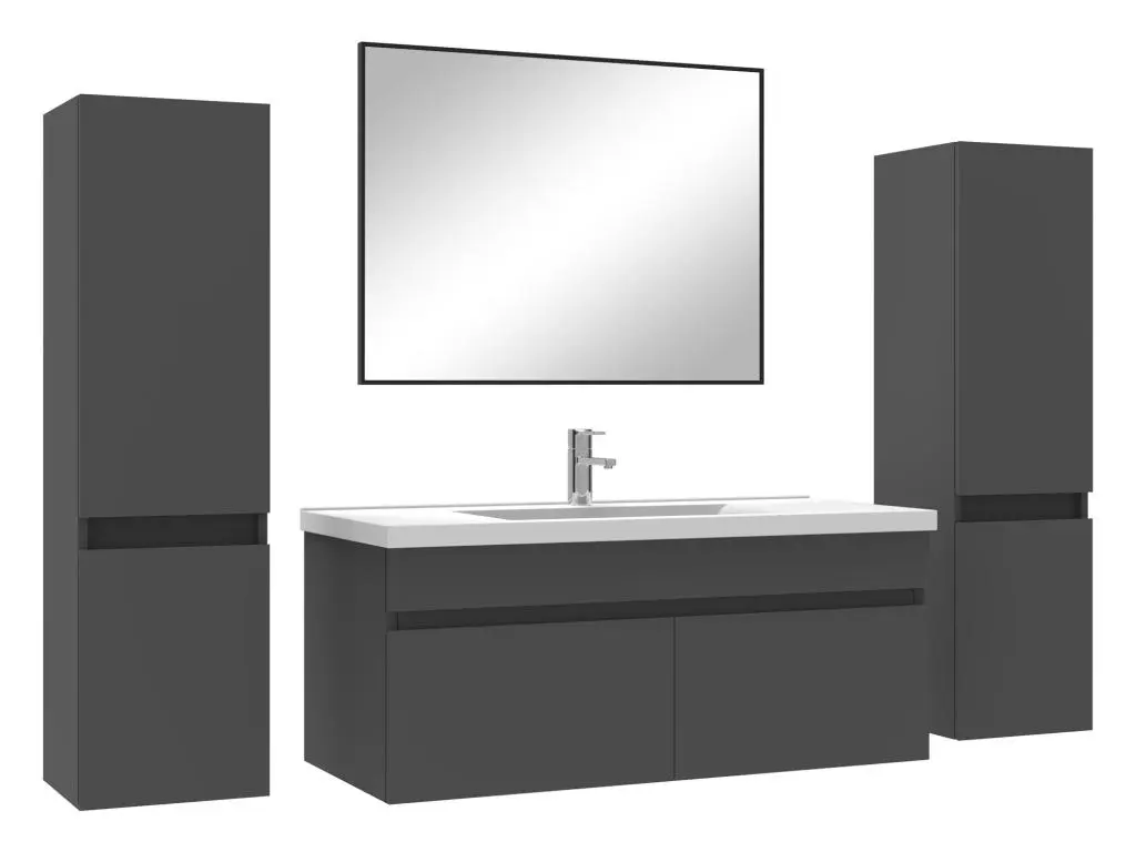 Ensemble meubles Salle de Bain 100cm simple vasque avec colonne + miroir Anthracite