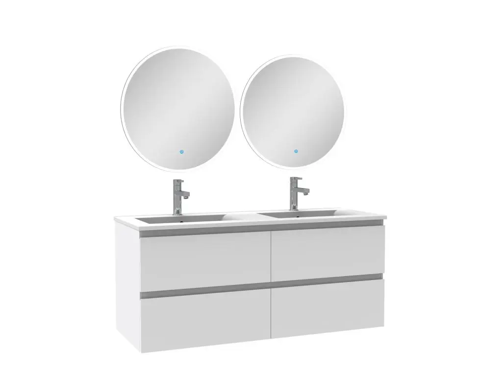 Ensemble meubles Salle de Bain Blanc 120cm double vasque + miroir lumineux rond
