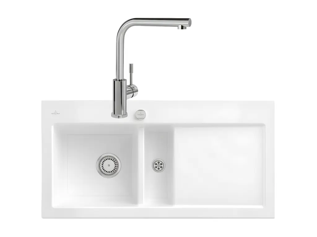 Evier VILLEROY ET BOCH Subway Pure 60 égouttoir à droite vidage auto + Robinet de cuisine Modern Steel Acier Massif Poli