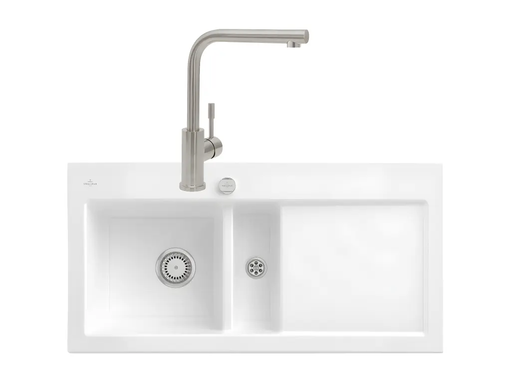 Evier VILLEROY ET BOCH Subway Pure 60 égouttoir à droite vidage auto + Robinet de cuisine Modern Steel Acier Massif