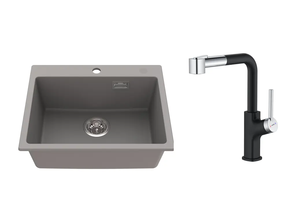 1 Bac Évier Cuisine en Granit,55*45*20cm,Kit de Vidage,Gris+ Robinet de Cuisine Inox Extractible Rotatif à 360 °