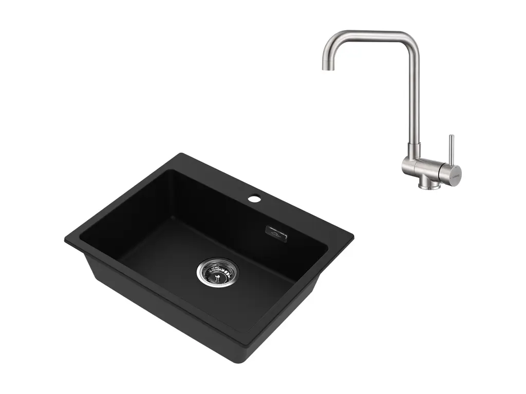 1 Bac Évier Cuisine en Granit,55*45*20cm,Kit de Vidage,Noir+Mitigeur Cuisine Rabattable Pivotant 360° Eau froid Chaud