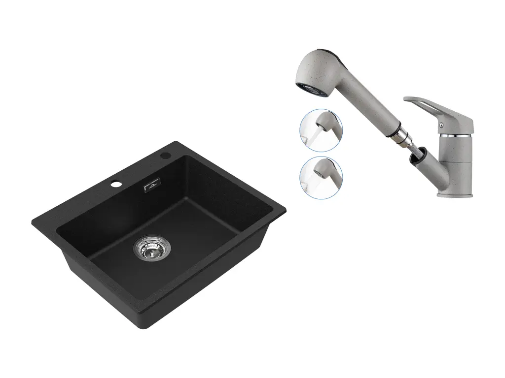1 Bac Évier Cuisine en Granit,55*45*20cm,Kit de Vidage,Noir+Robinet Cuisine avec Douchette Extractible 2 Jets,Eau Froide/Chaude,Gris