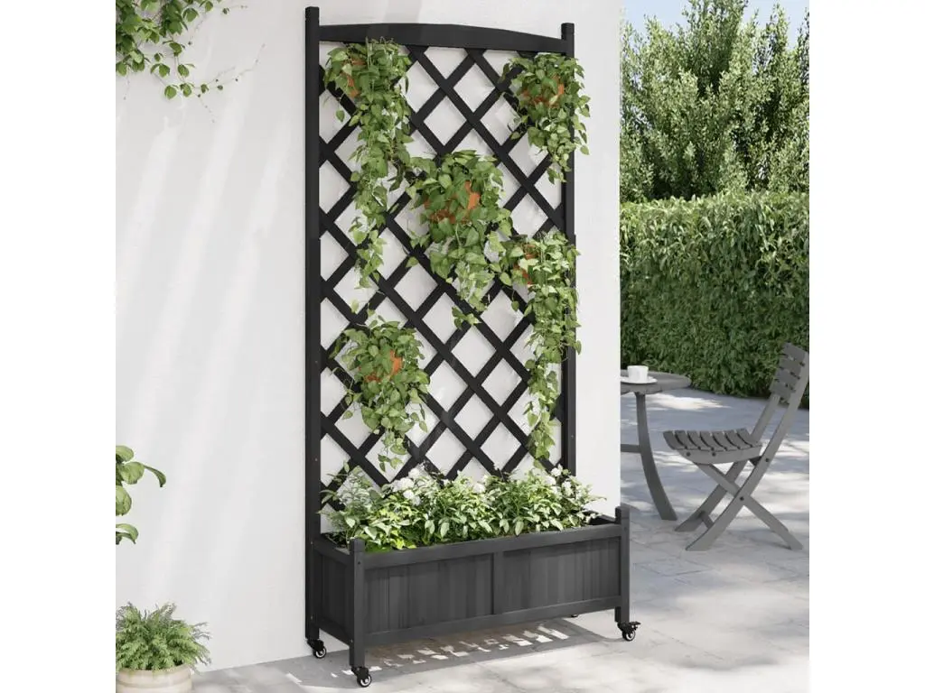 Clicnbuy Jardinière avec treillis et roues noir bois massif de sapin