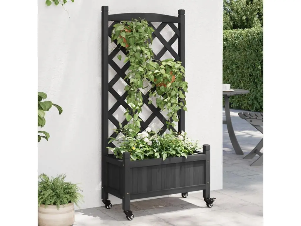 Clicnbuy Jardinière avec treillis et roues noir bois massif de sapin