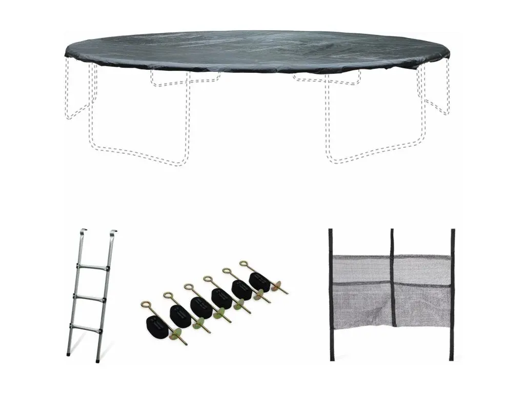 Pack accessoires pour trampoline Ø 490cm Jupiter / Jupiter INNER - Échelle. bâche de protection. filet de rangement pour chaussures et kit d'ancrage