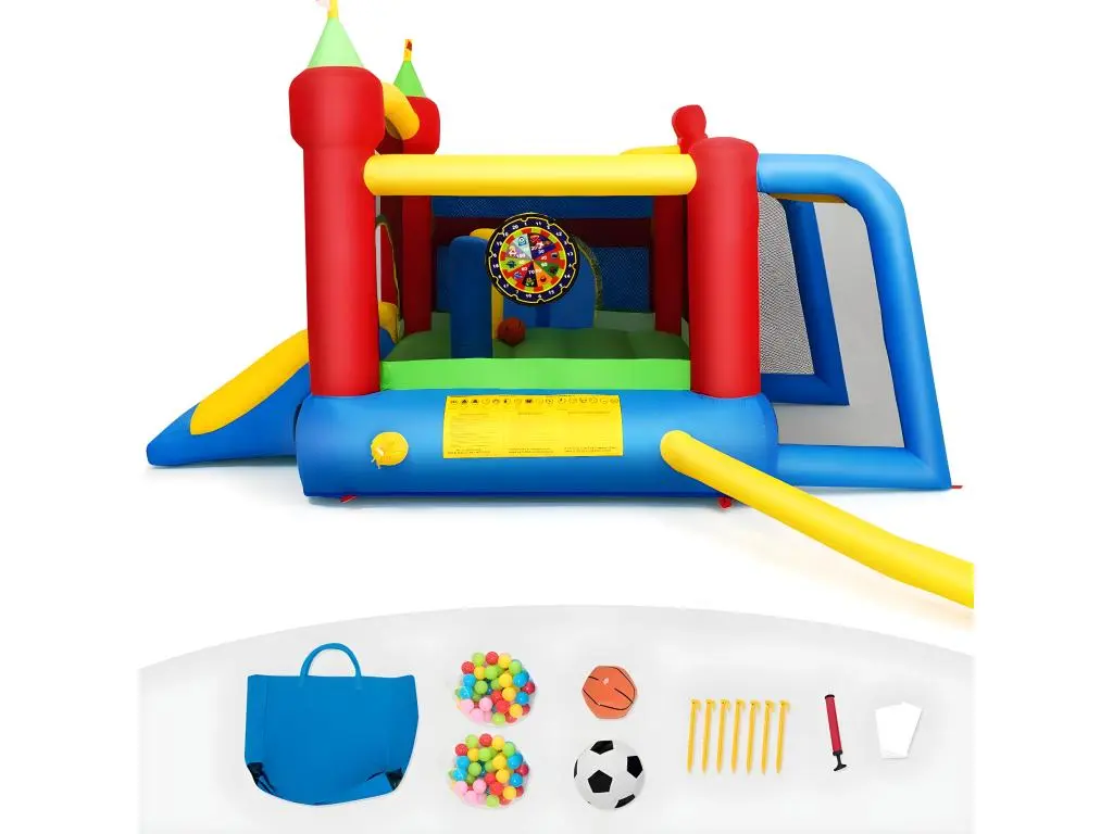 château gonflable aire de jeux en nylon et oxford avec toboggan panier boules et sac pour enfants 380 x 305 x 215 cm