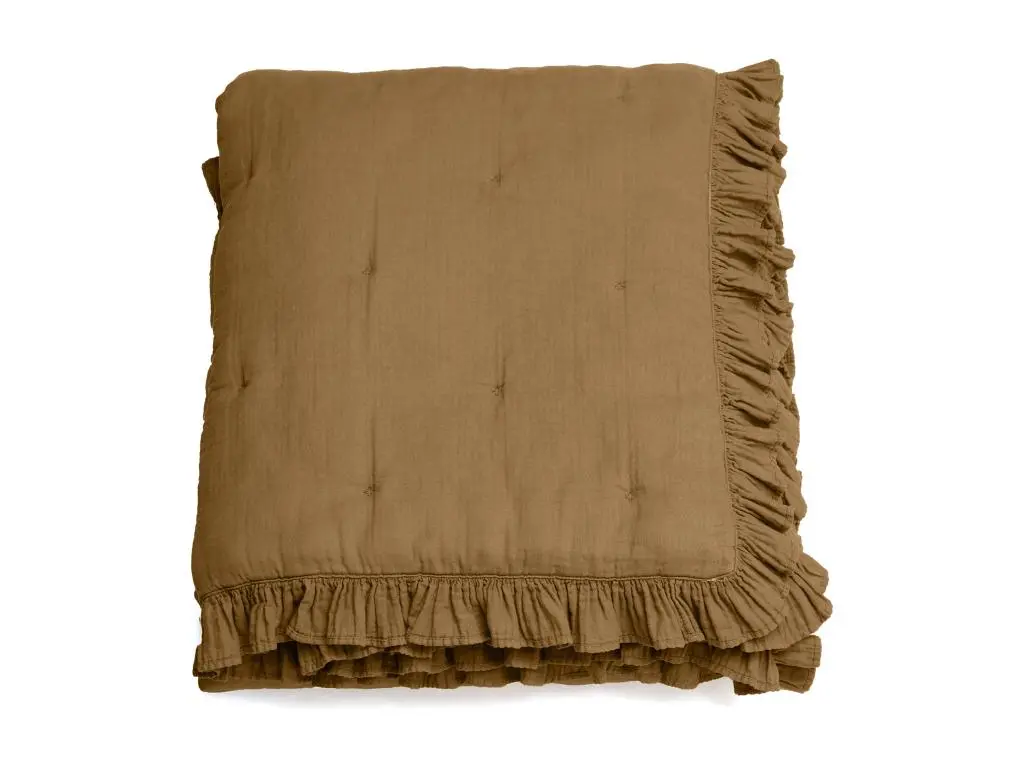 Couverture courtepointe en mousseline de coton 150x150 cm + 5 cm ELZA marron foin