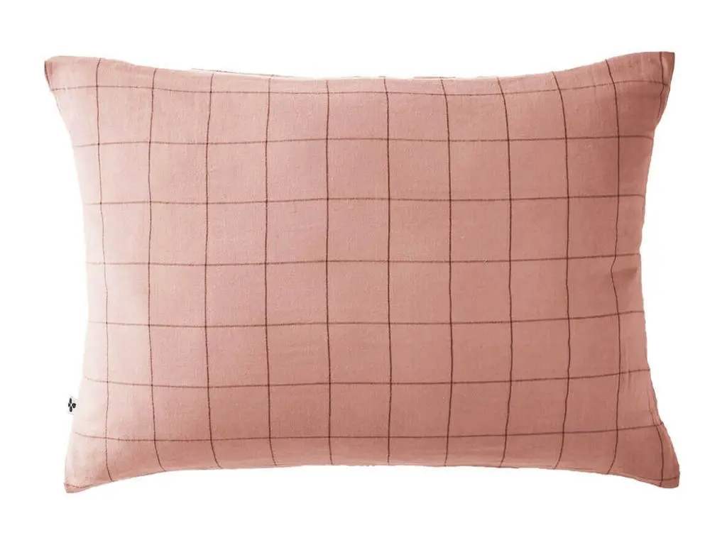 OUREA MOTIF - Taie d'Oreiller 50x70cm Gaze de Coton Rose Pêche à Grands Carreaux