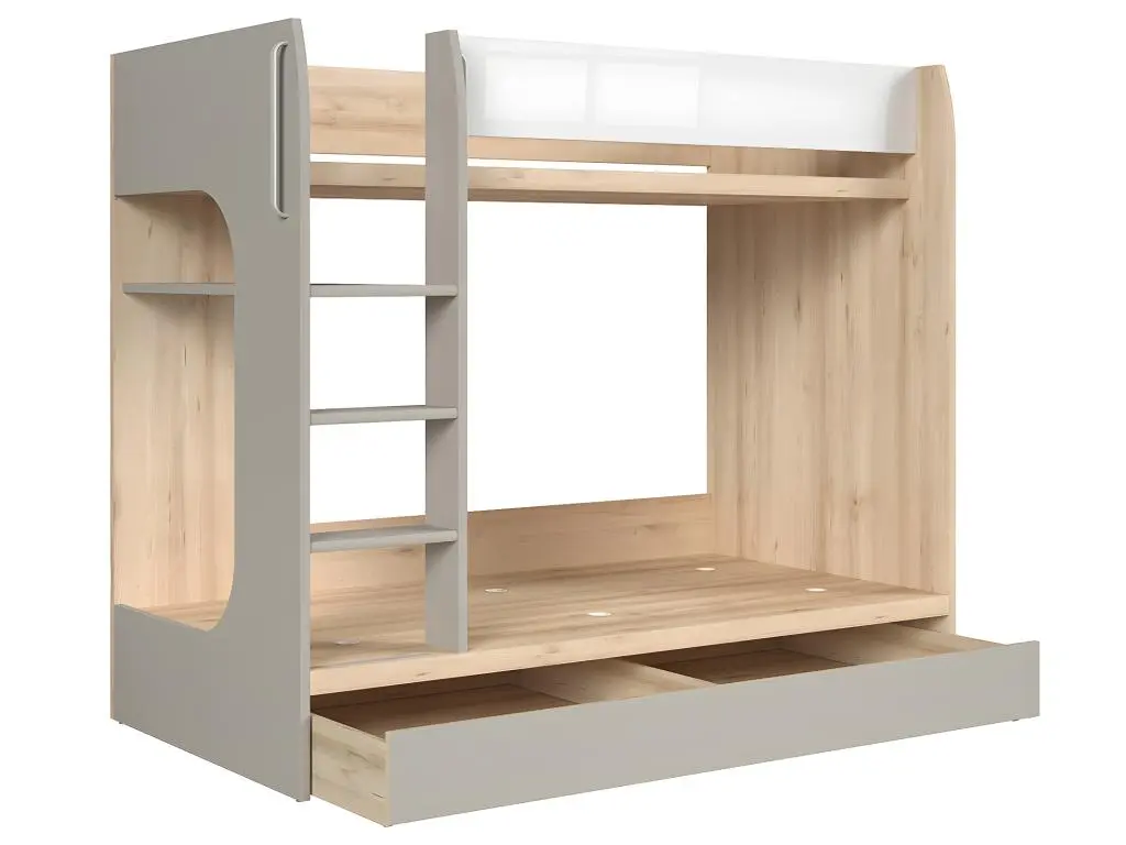 Lit superposé 80x180 sommier et tiroir inclus Stella Bois Gris et Blanc