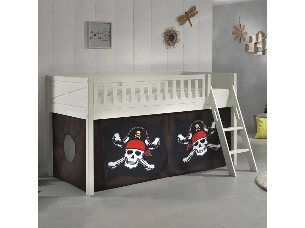 Lit mi-hauteur 90x200 sommier inclus et housse Pirate Scott Blanc