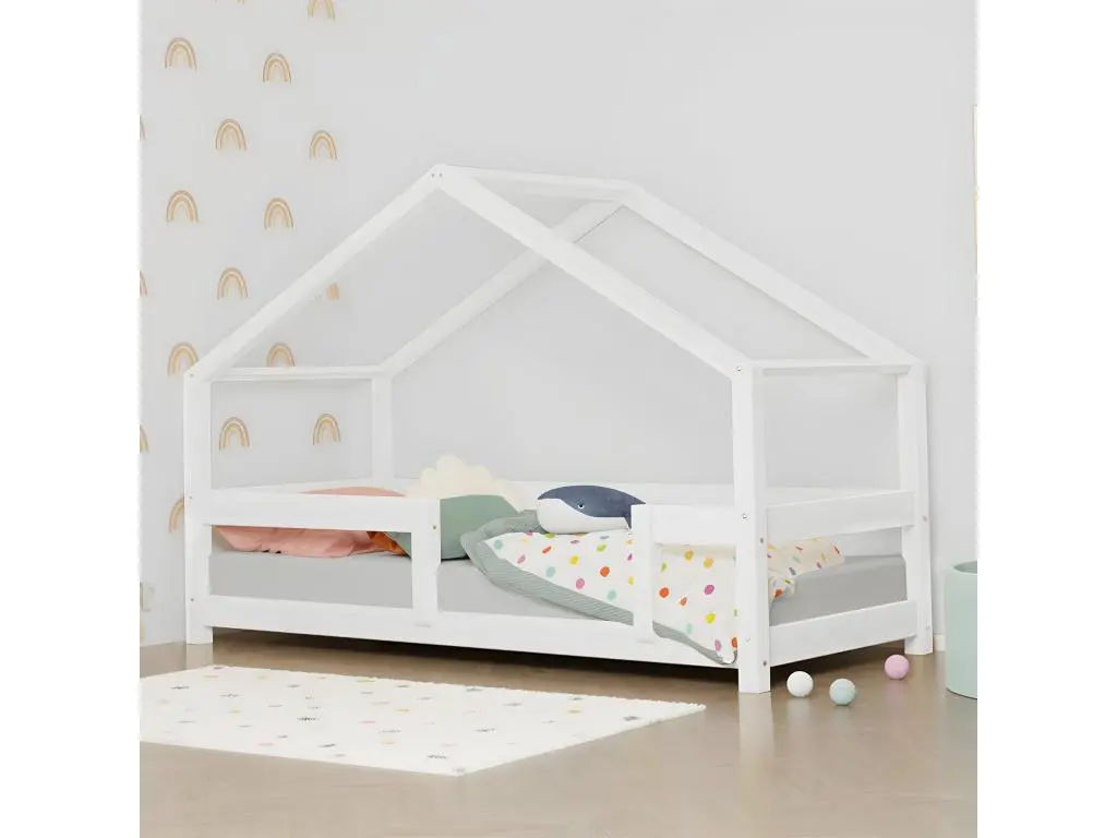 Lit cabane 90x190 Lucky avec barrières - Blanc