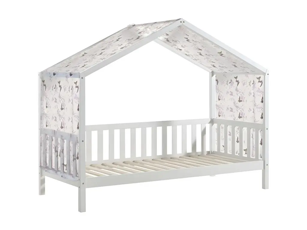 ARKAN - Lit Maison à Barrières 90x200cm Pin Blanc + Voile