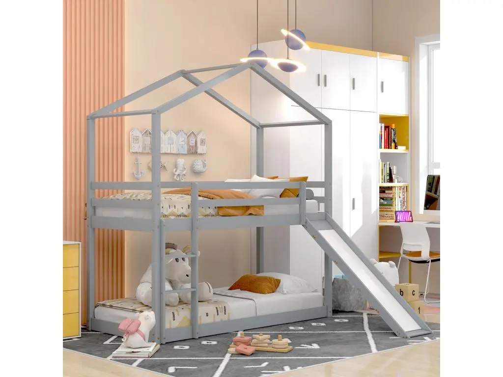 Lit enfant, lit superposé bas avec toboggan, cadre de lit superposé en bois massif avec sommier à lattes 90 x 200 cm, gris