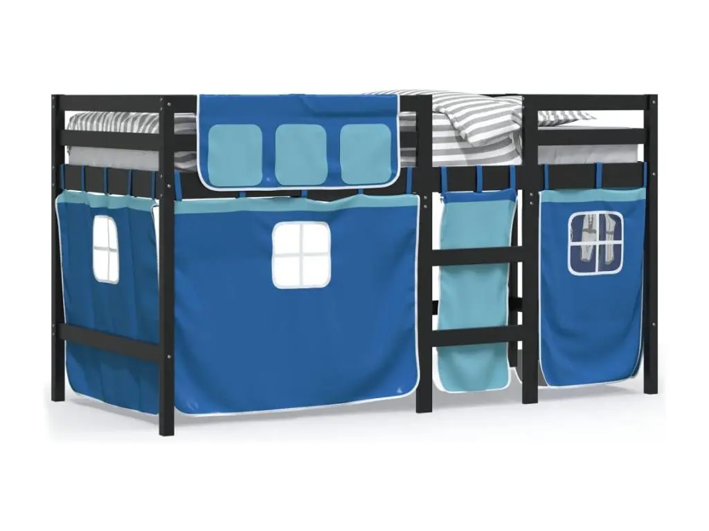 Les Tendances Lit mezzanine enfants et rideaux bleu 90x200 bois pin massif