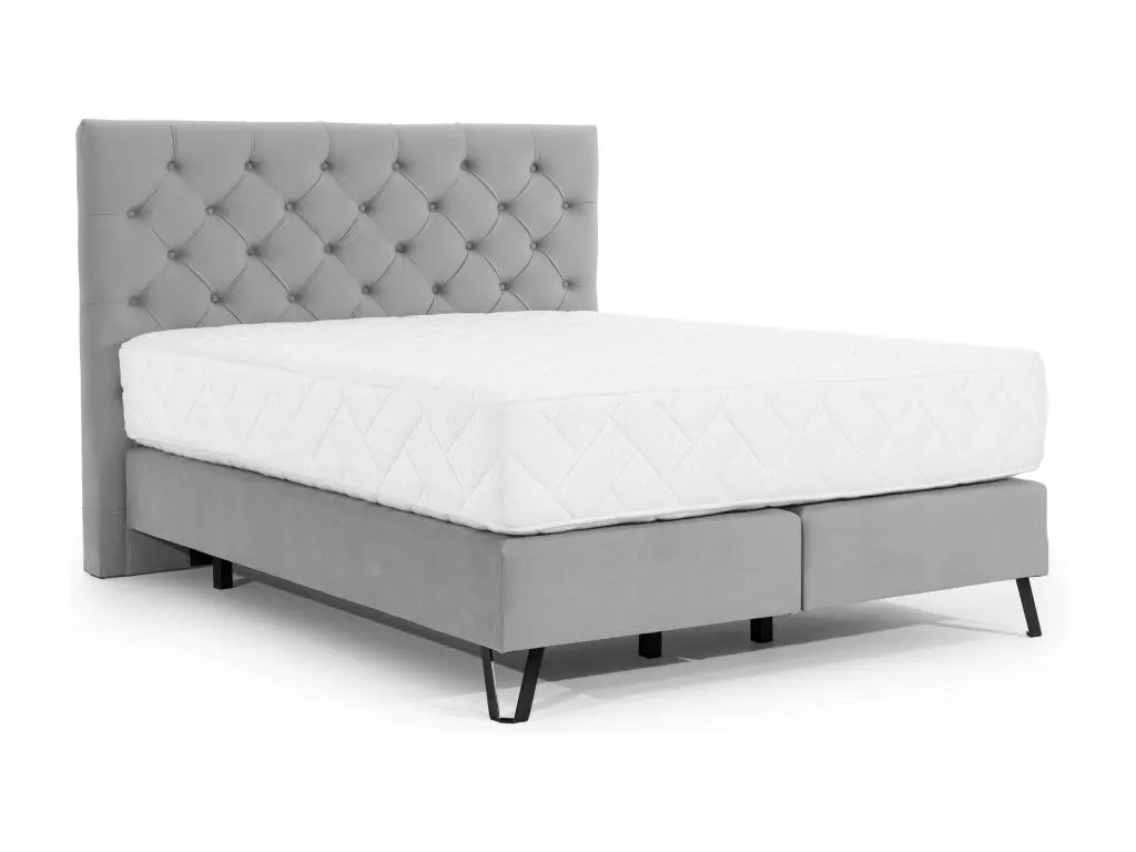 Lit continental capitonné tissu gris clair Pozza avec matelas 30cm en latex et pied métal noir-Couchage 180x200 cm