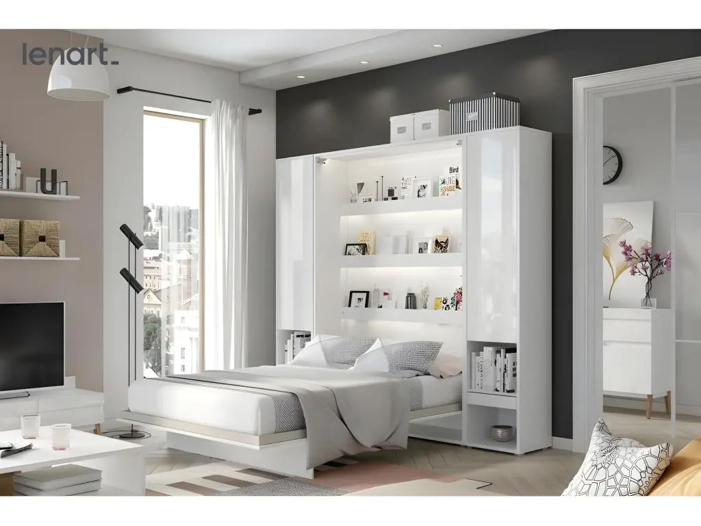 Lenart Armoire Lit escamotable +2 Placards tiroir Vertical 180x200 cm blanc brillant tiroir Lit Rabattable Lit Mural"Consus"